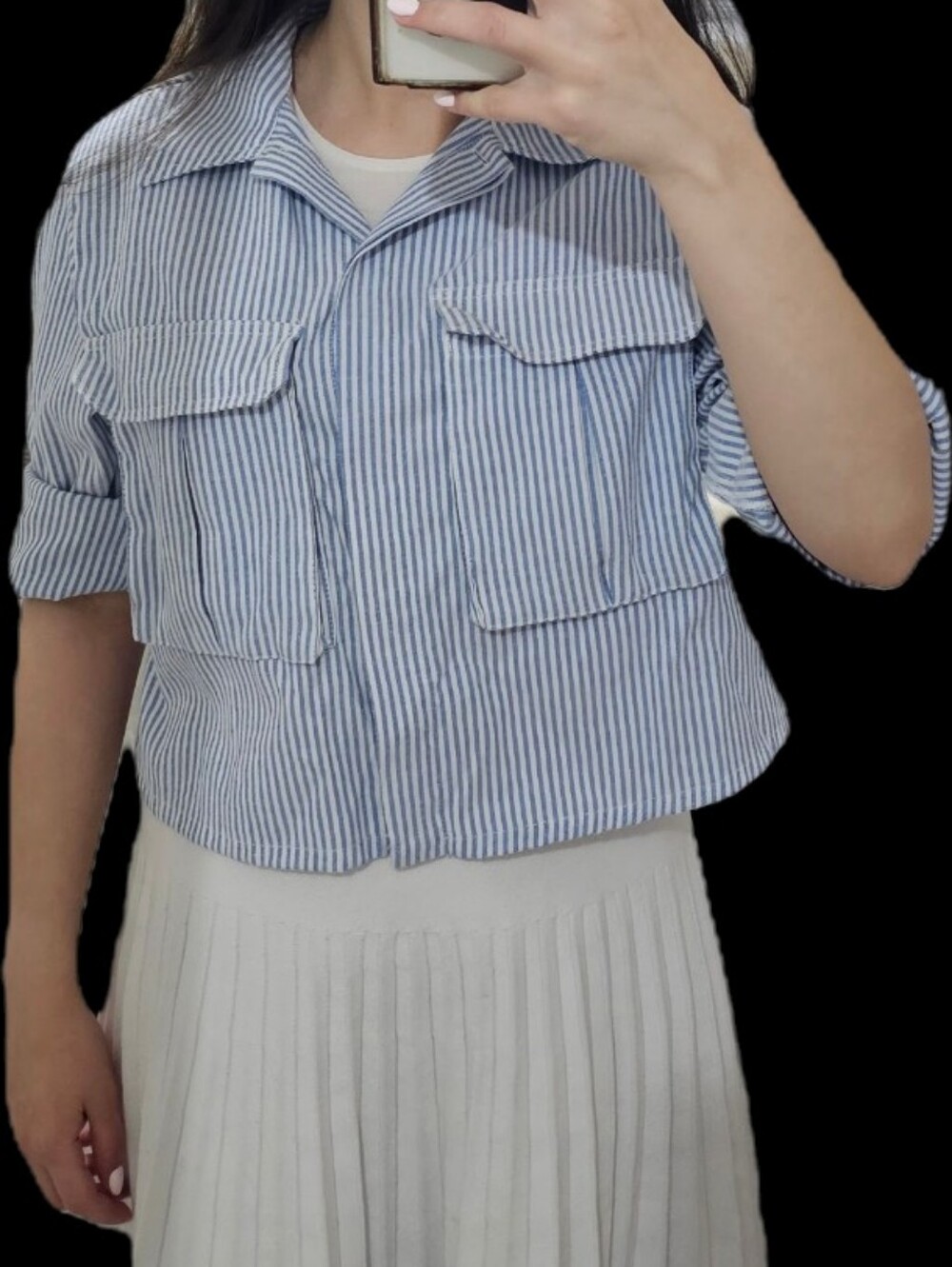 Cropped Blue and White Striped Button-Down Shirt